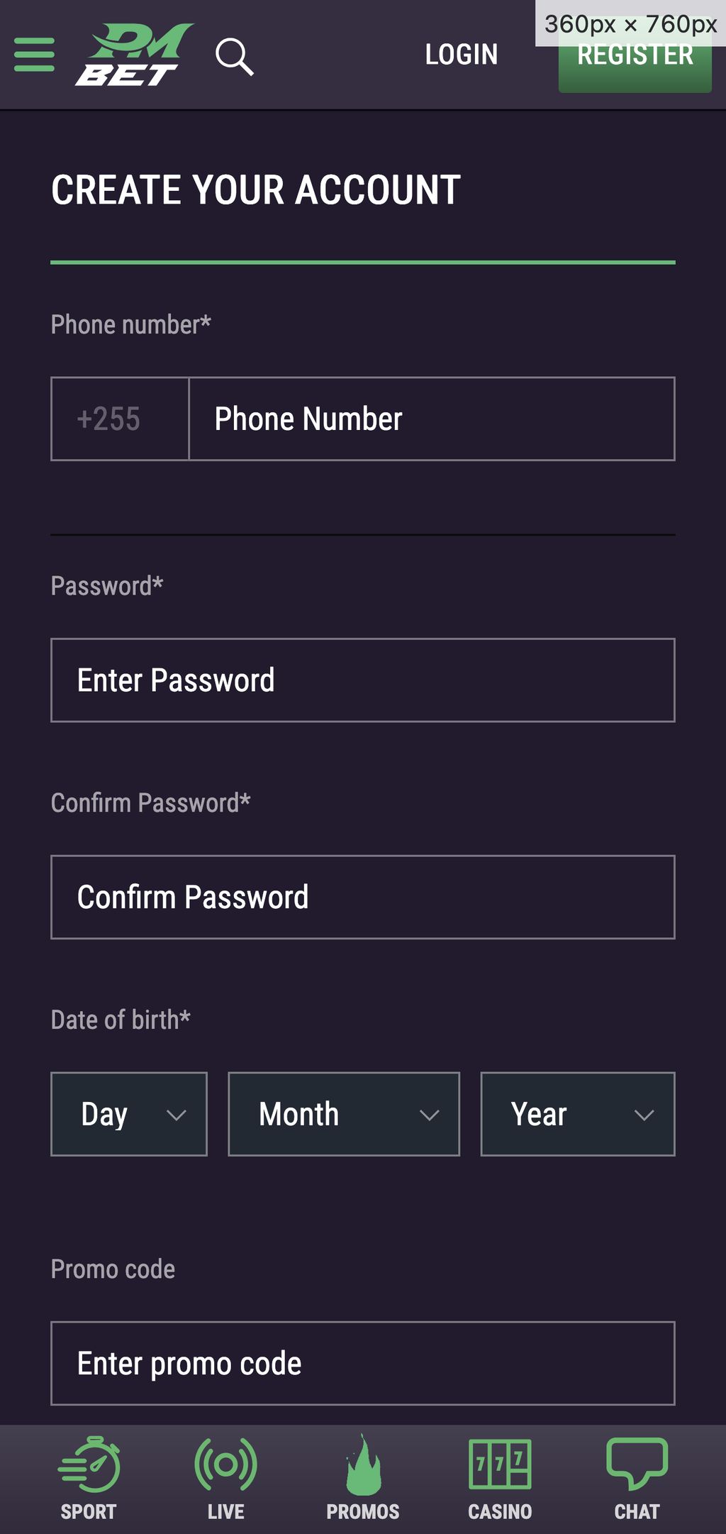 PMbet registration page