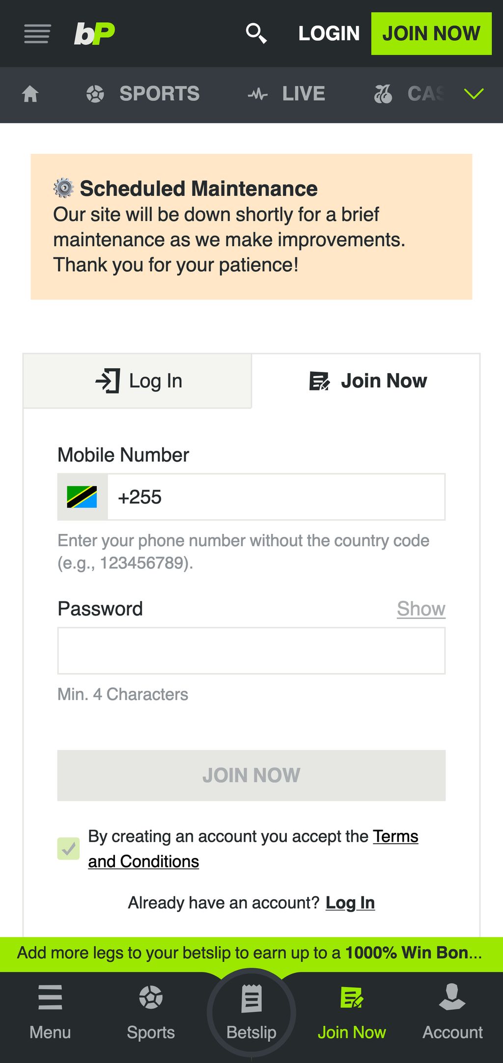 betPawa registration page
