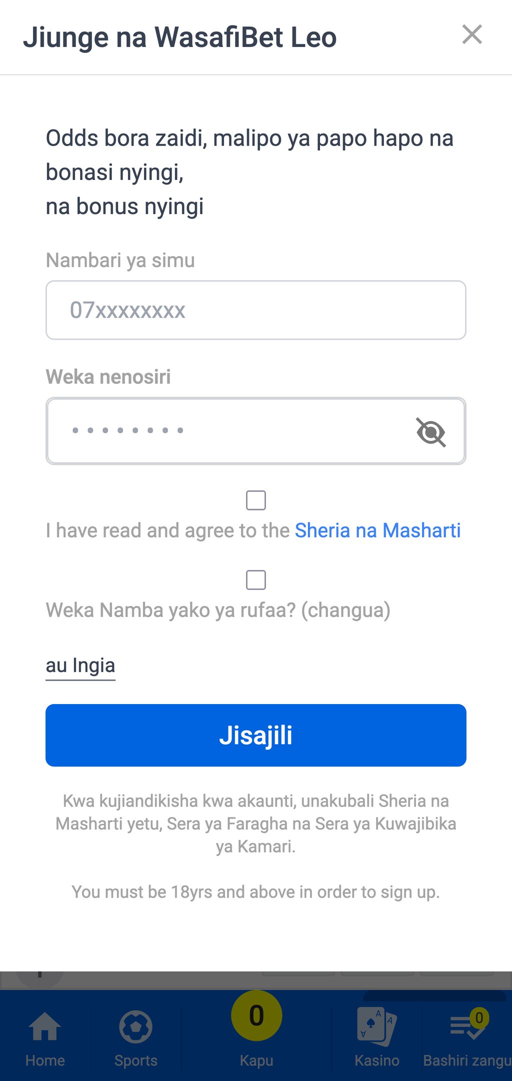 WasafiBet registration page