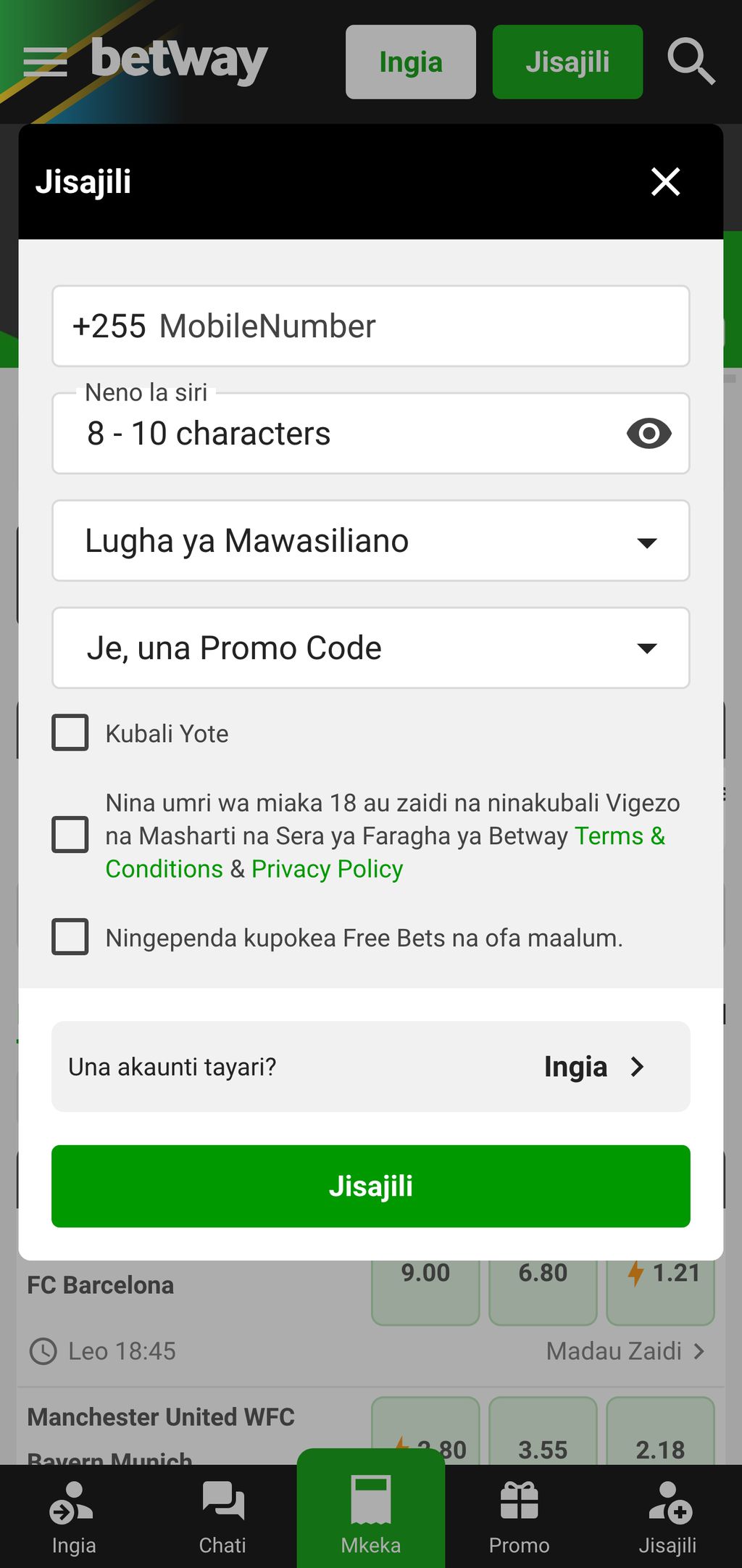 Betway registration page