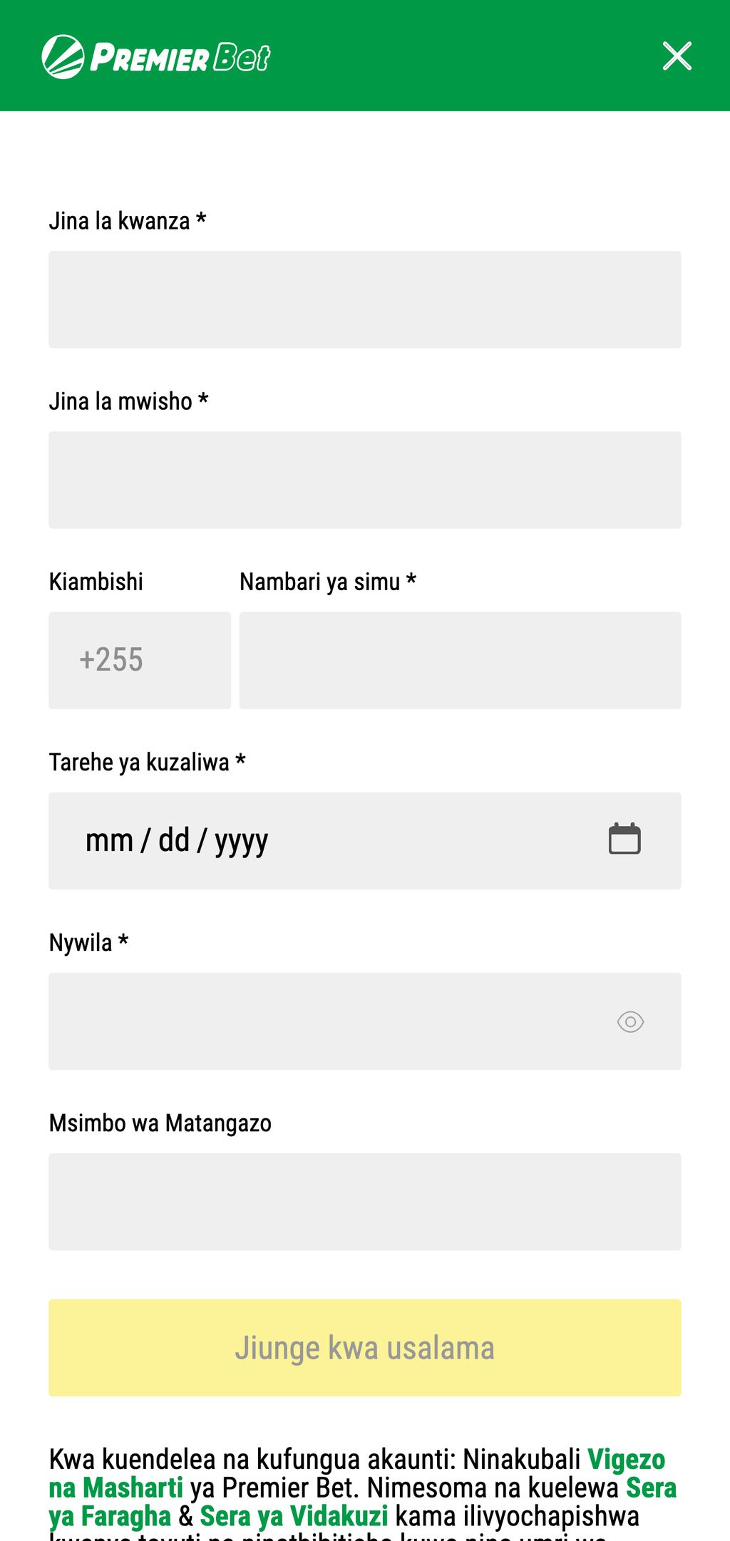 Premier Bet registration